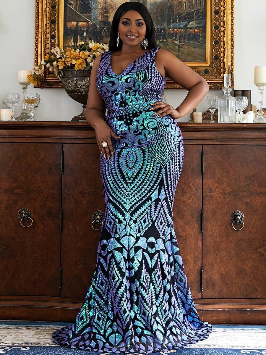 Luxury Mermaid V Neck Sleeveless Zipper Up Sweep/Brush Train Plus Size Prom Dress